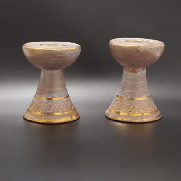 1950's Stangl Antique Gold Light Blue / Aqua Pair 4" Candlesticks 1 Repair 4064 - Picture 9 of 11